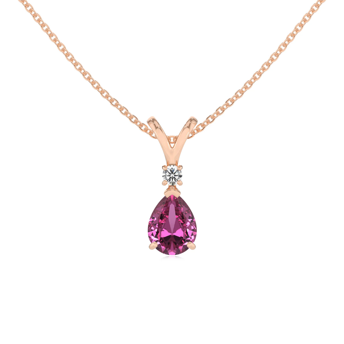 lab grown pink-sapphire pear solitaire v-bale necklaces in rose gold 