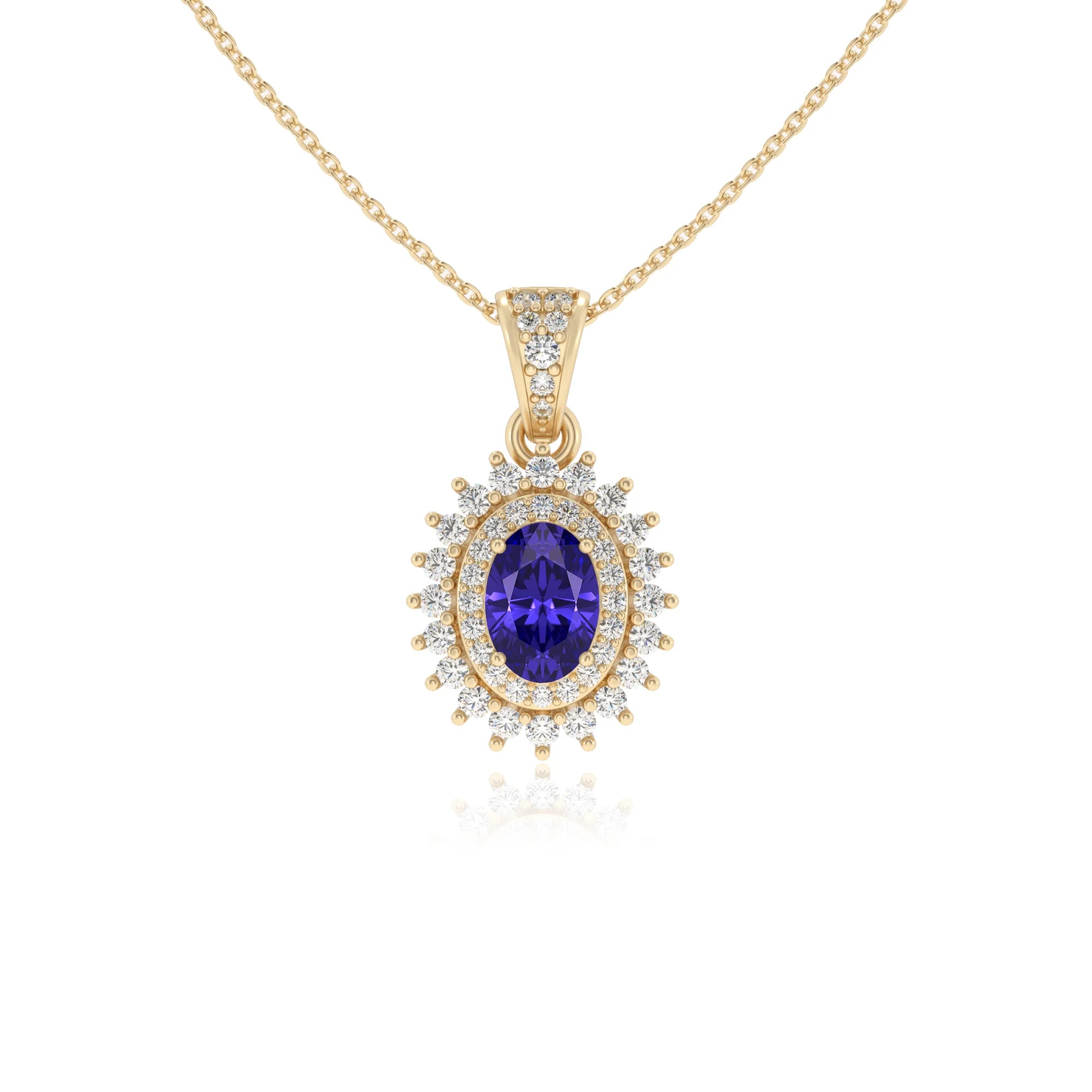 lab grown tanzanite oval halo necklaces in yellow gold 