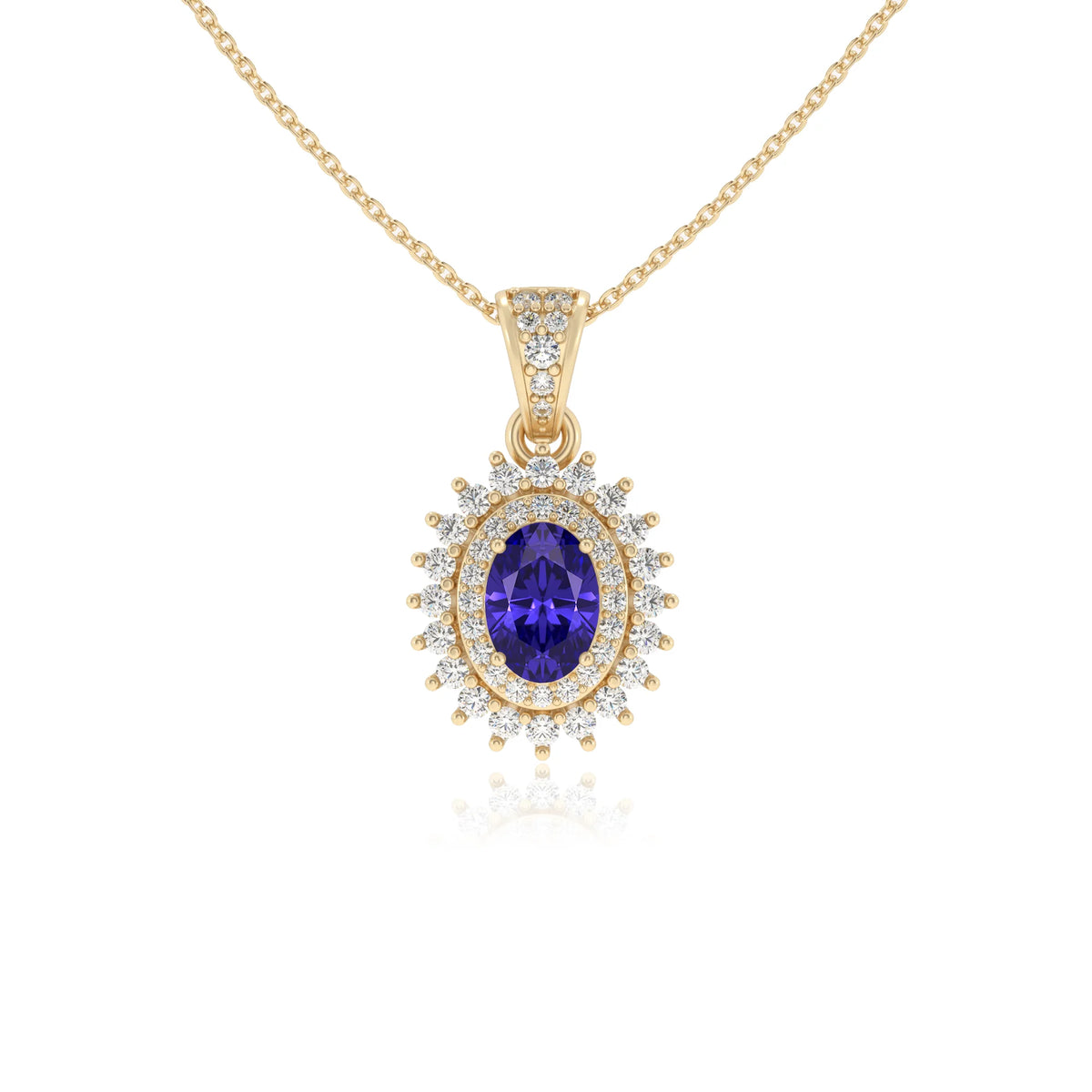 lab grown tanzanite oval halo necklaces in yellow gold 