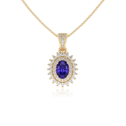lab grown tanzanite oval halo necklaces in yellow gold 