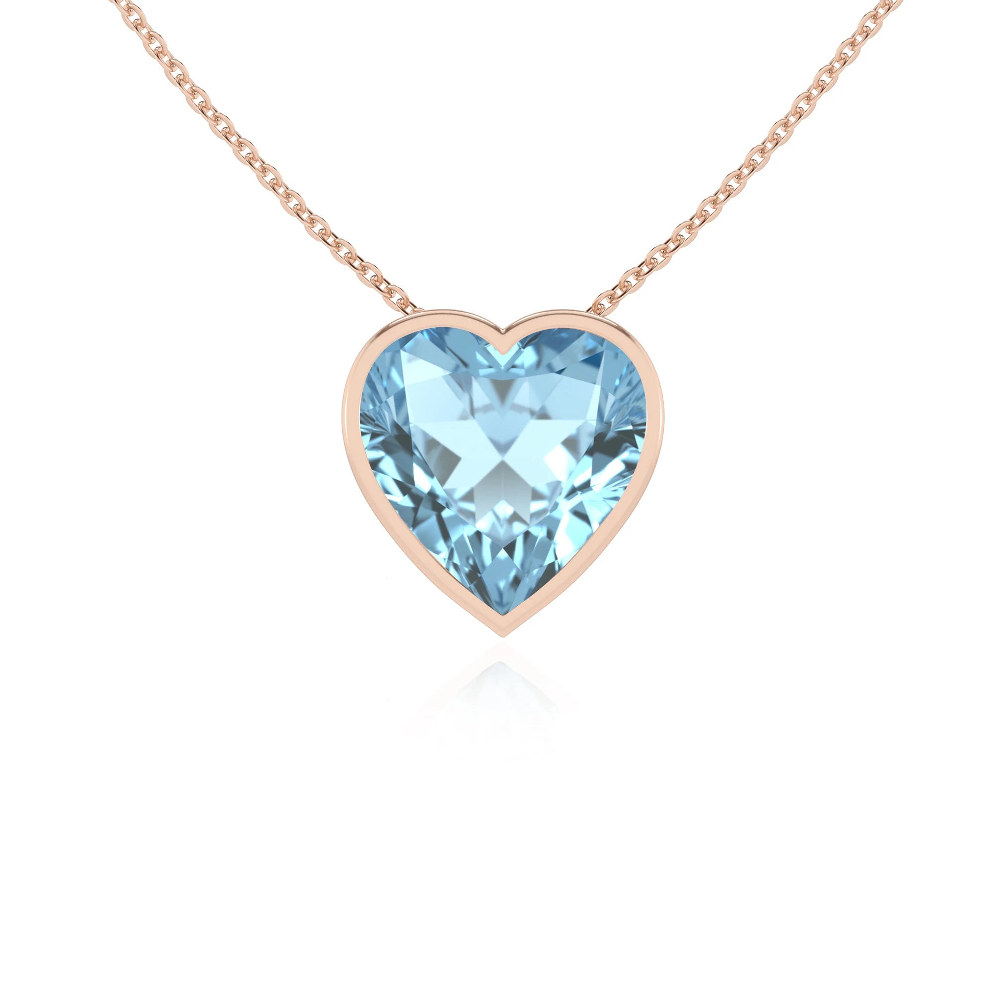 lab grown aquamarine heart solitaire necklaces in rose gold 