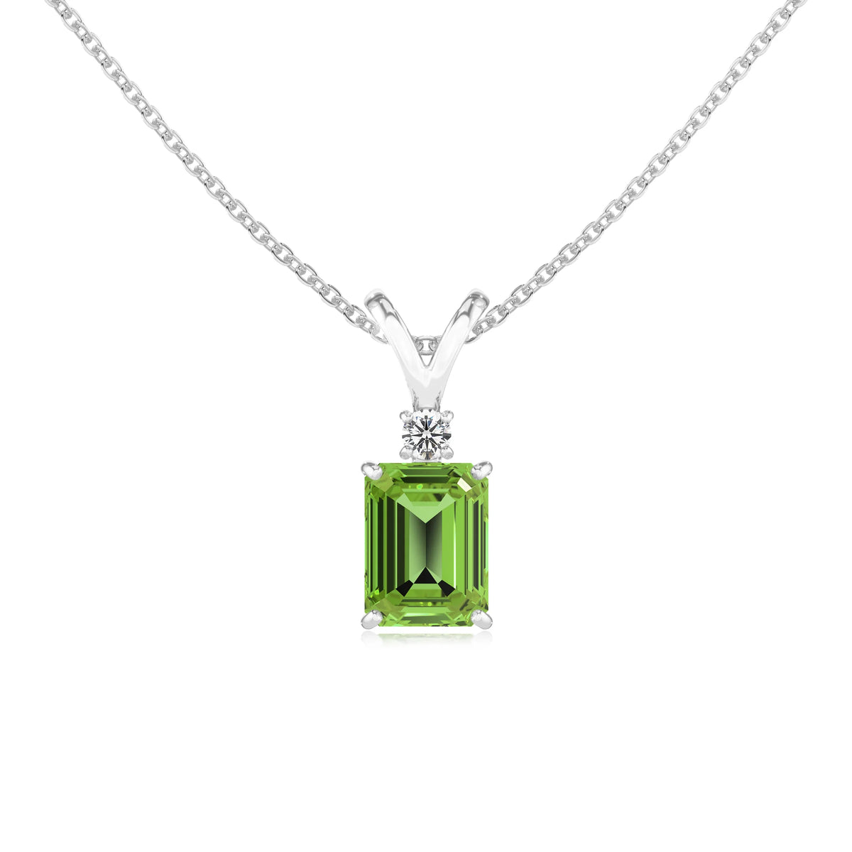 natural peridot emerald cut solitaire v-bale necklaces in sterling silver 
