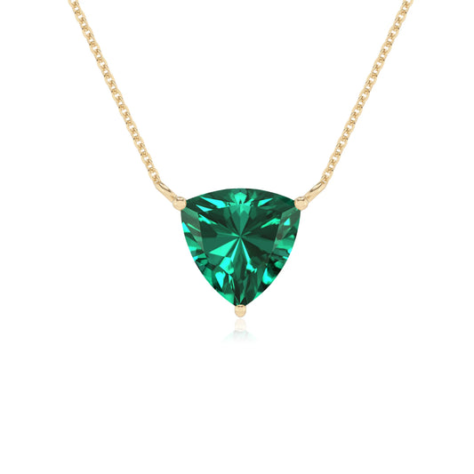 lab grown emerald trillion solitaire necklaces in yellow gold 