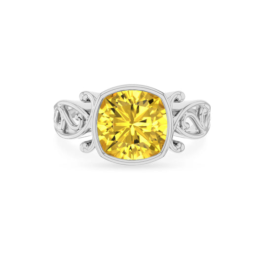 lab grown yellow-sapphire cushion solitaire rings in platinum 