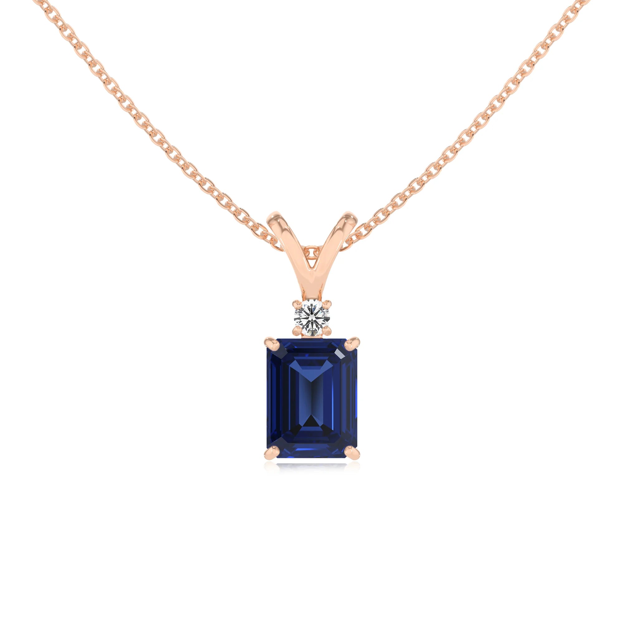 lab grown blue-sapphire emerald cut solitaire v-bale necklaces in rose gold 