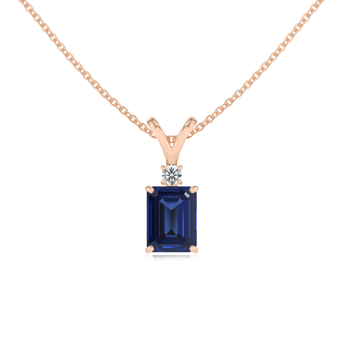 lab grown blue-sapphire emerald cut solitaire v-bale necklaces in rose gold 