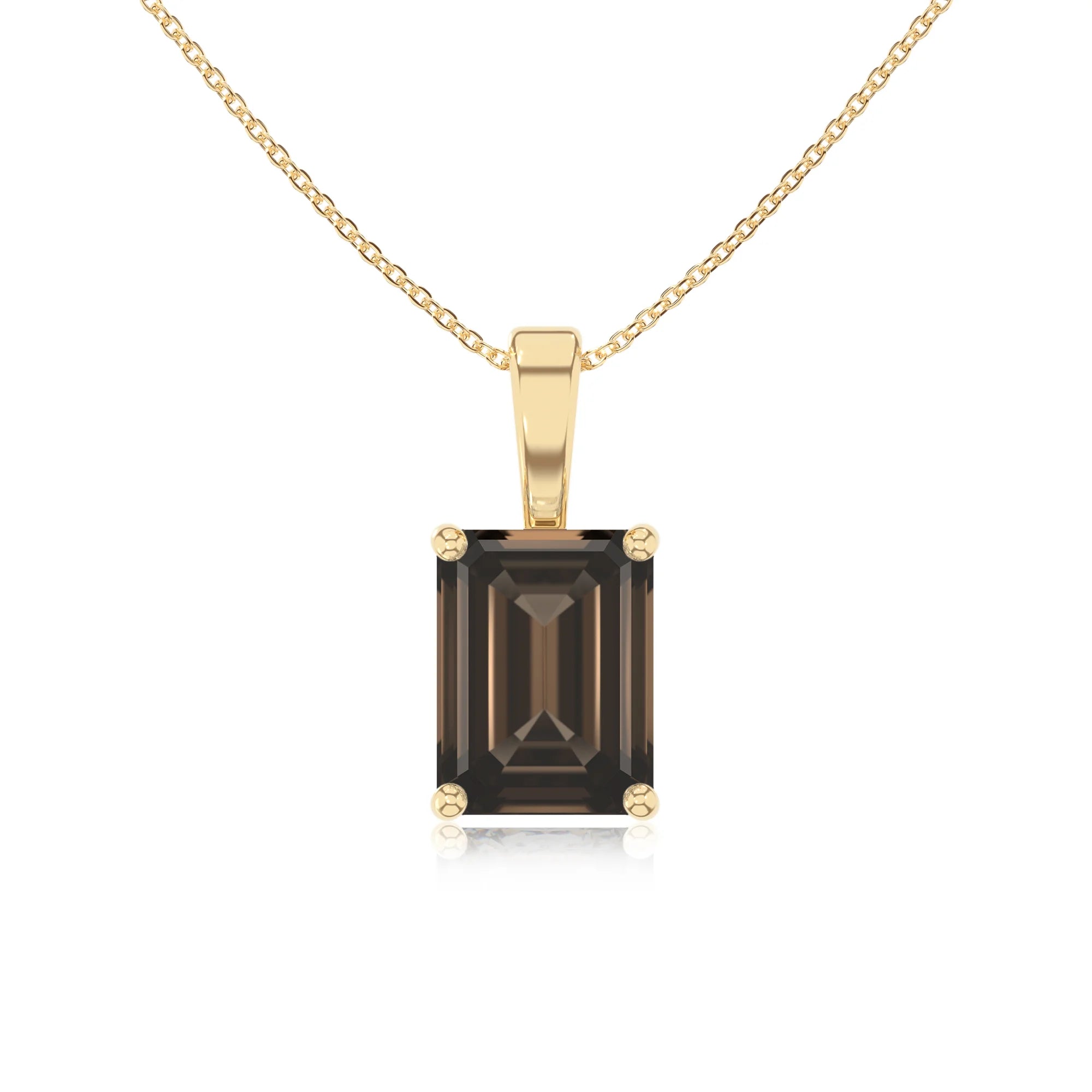 natural smoky-quartz emerald cut solitaire necklaces in yellow gold 