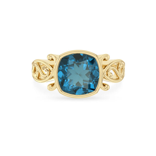 natural london-blue-topaz cushion solitaire rings in yellow gold 