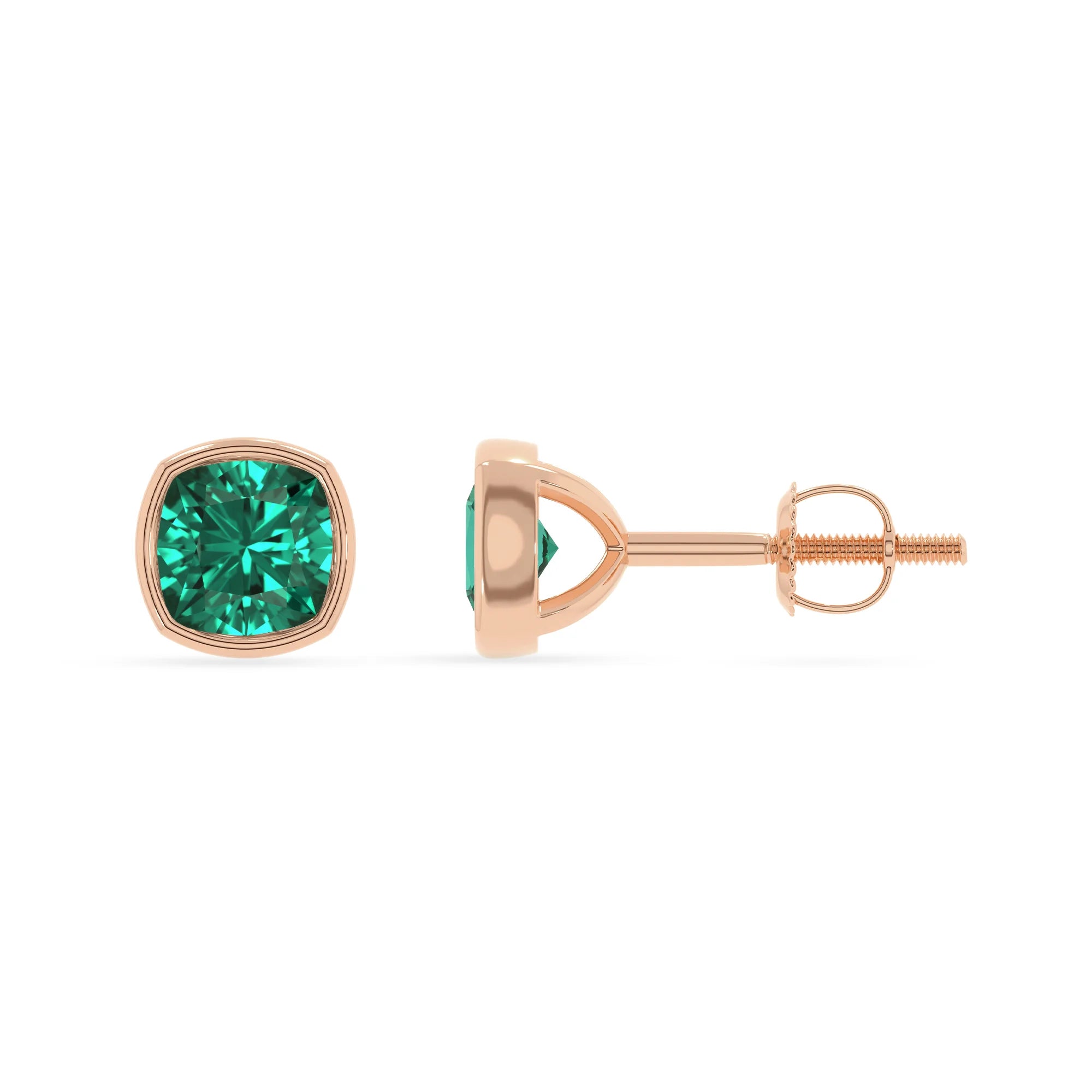 lab grown emerald cushion stud earrings in rose gold 