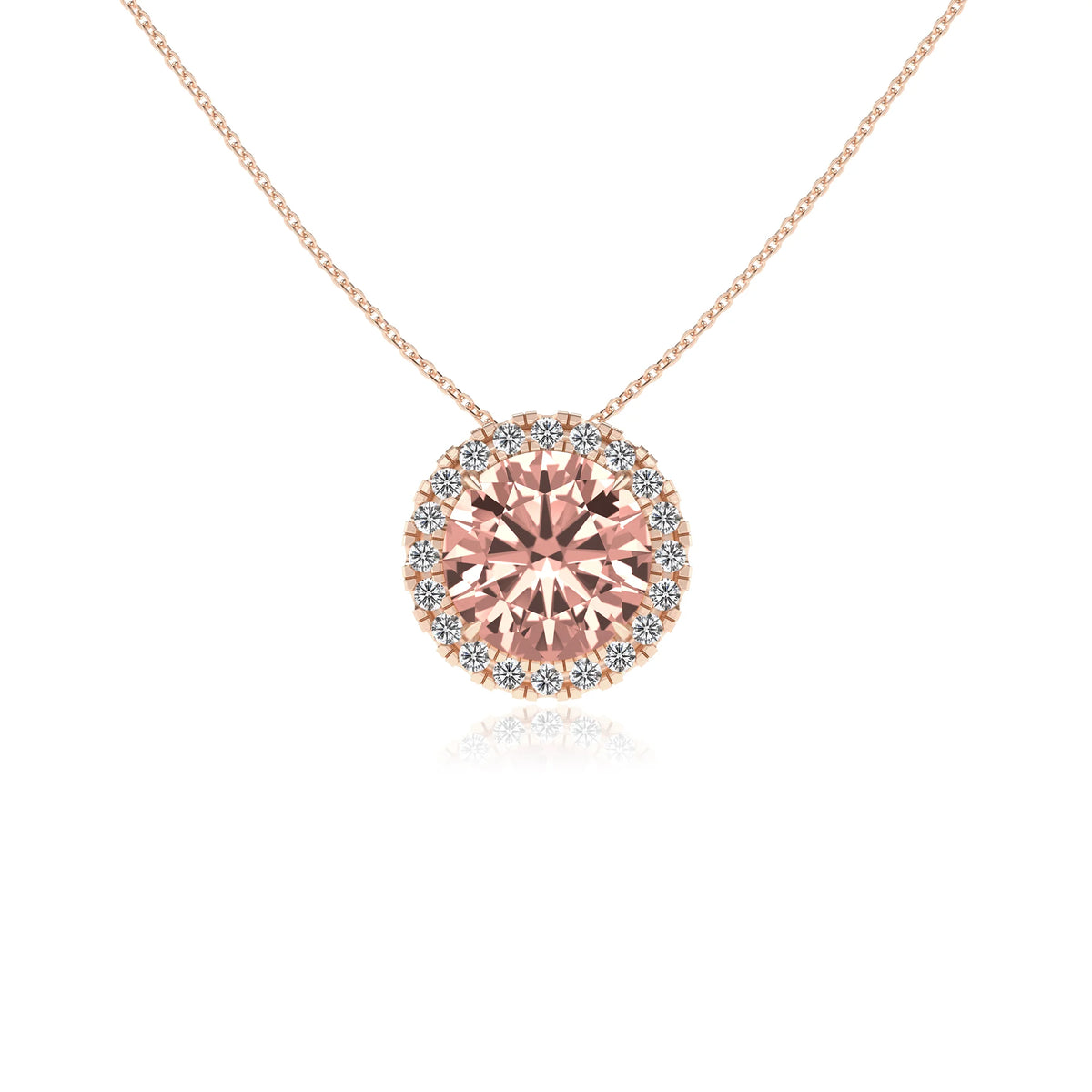 lab grown morganite round solitaire necklaces in rose gold 