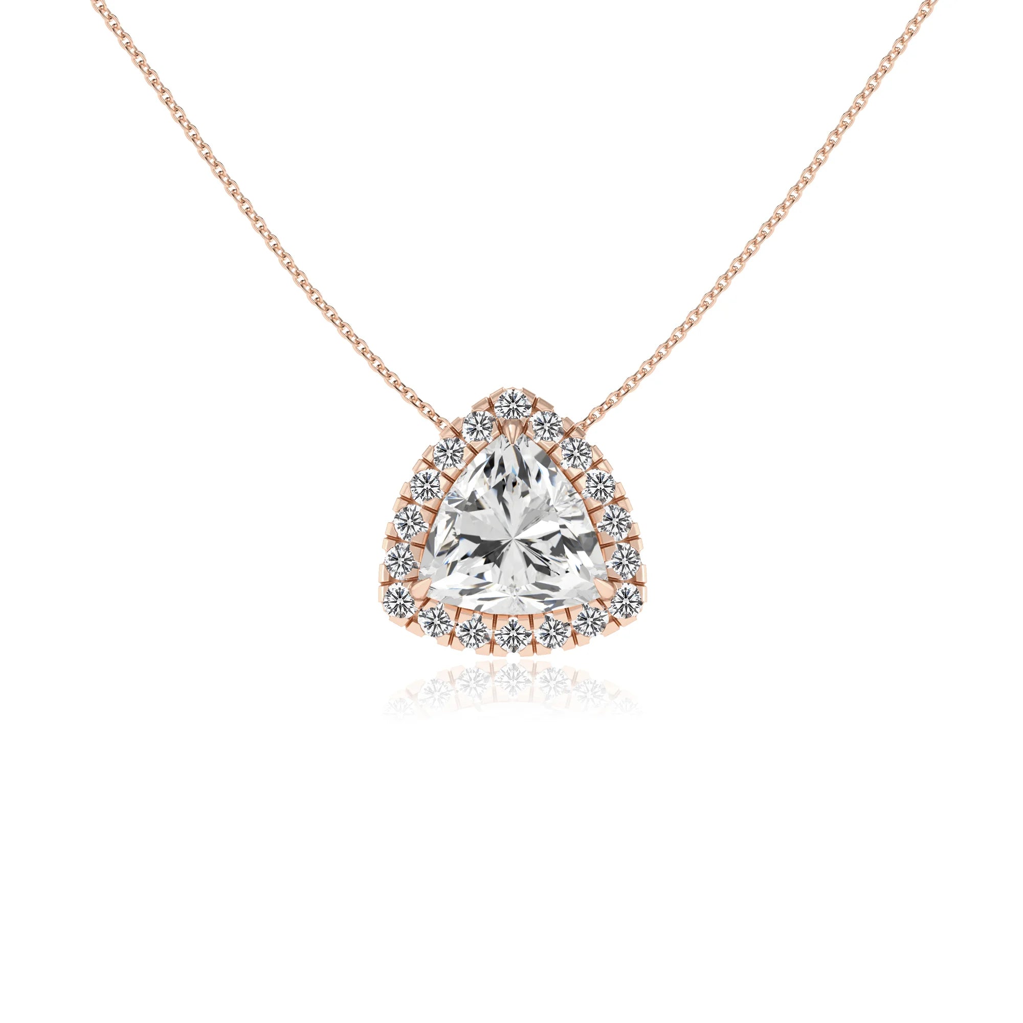 lab grown moissanite trillion solitaire necklaces in rose gold 