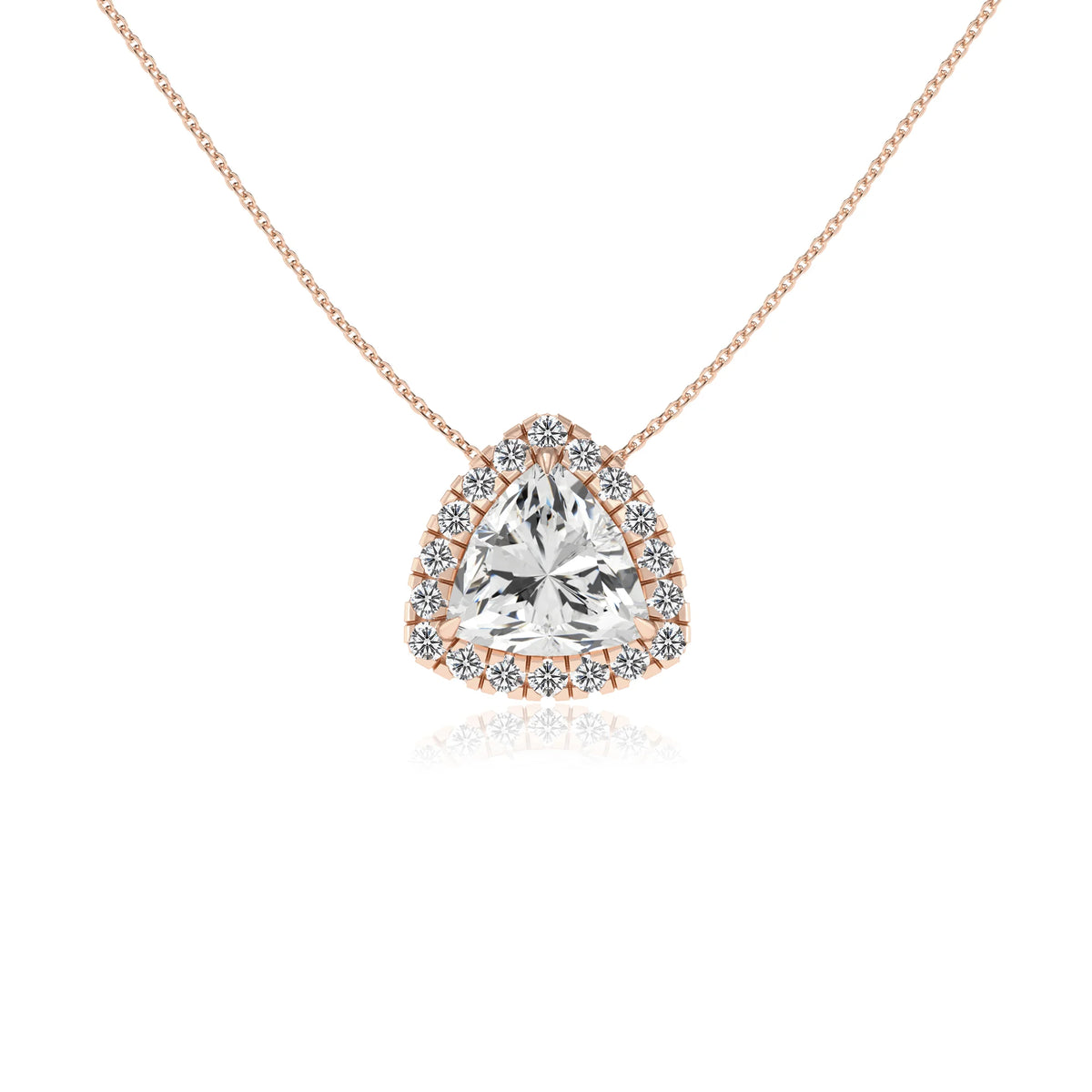 lab grown moissanite trillion solitaire necklaces in rose gold 