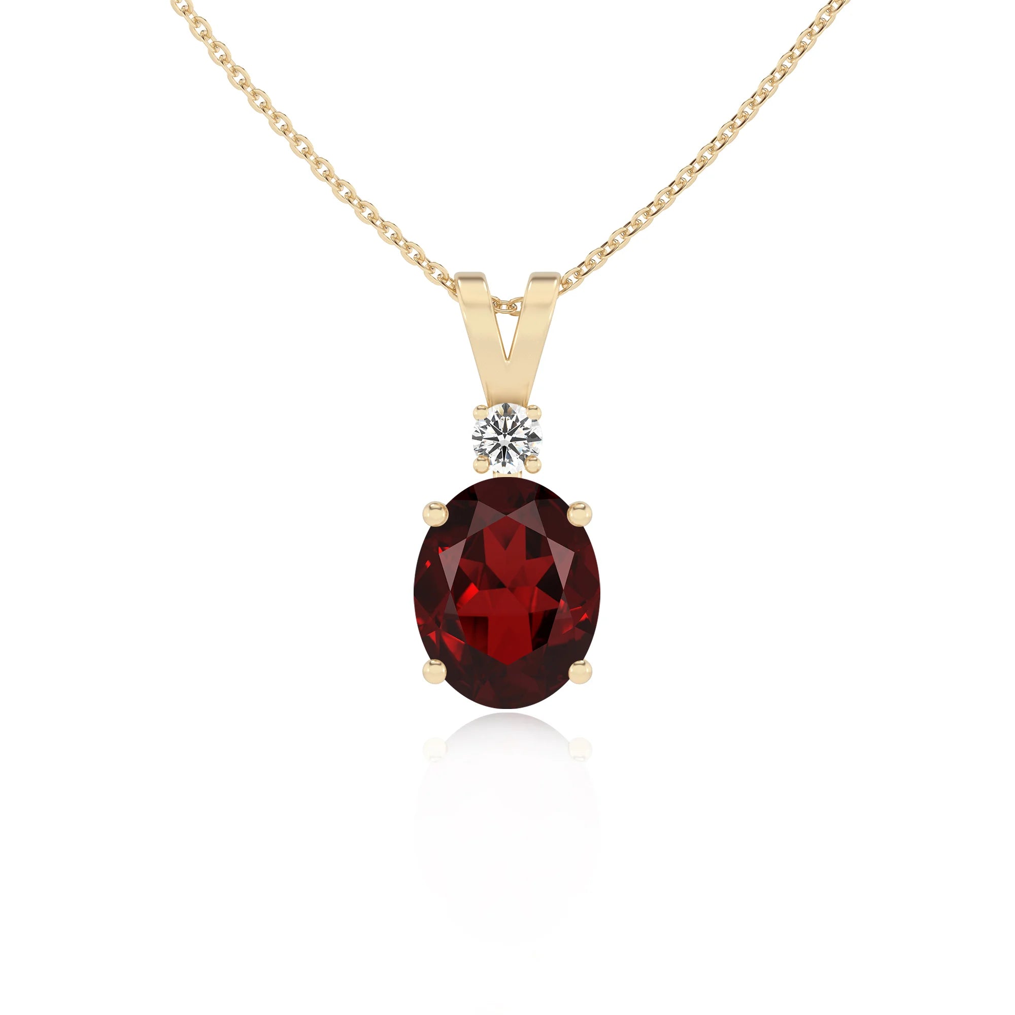 natural garnet oval solitaire v-bale necklaces in yellow gold 