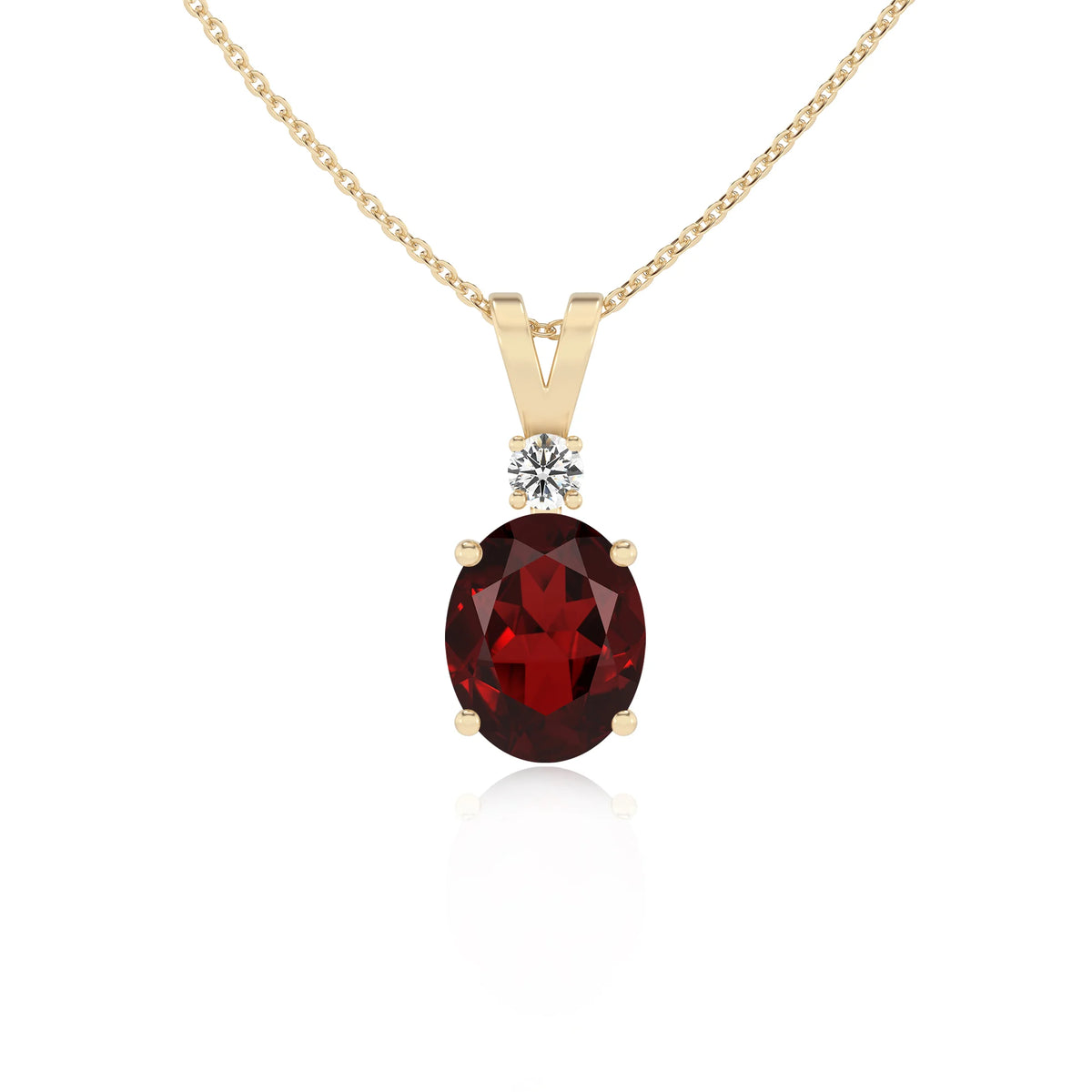 natural garnet oval solitaire v-bale necklaces in yellow gold 