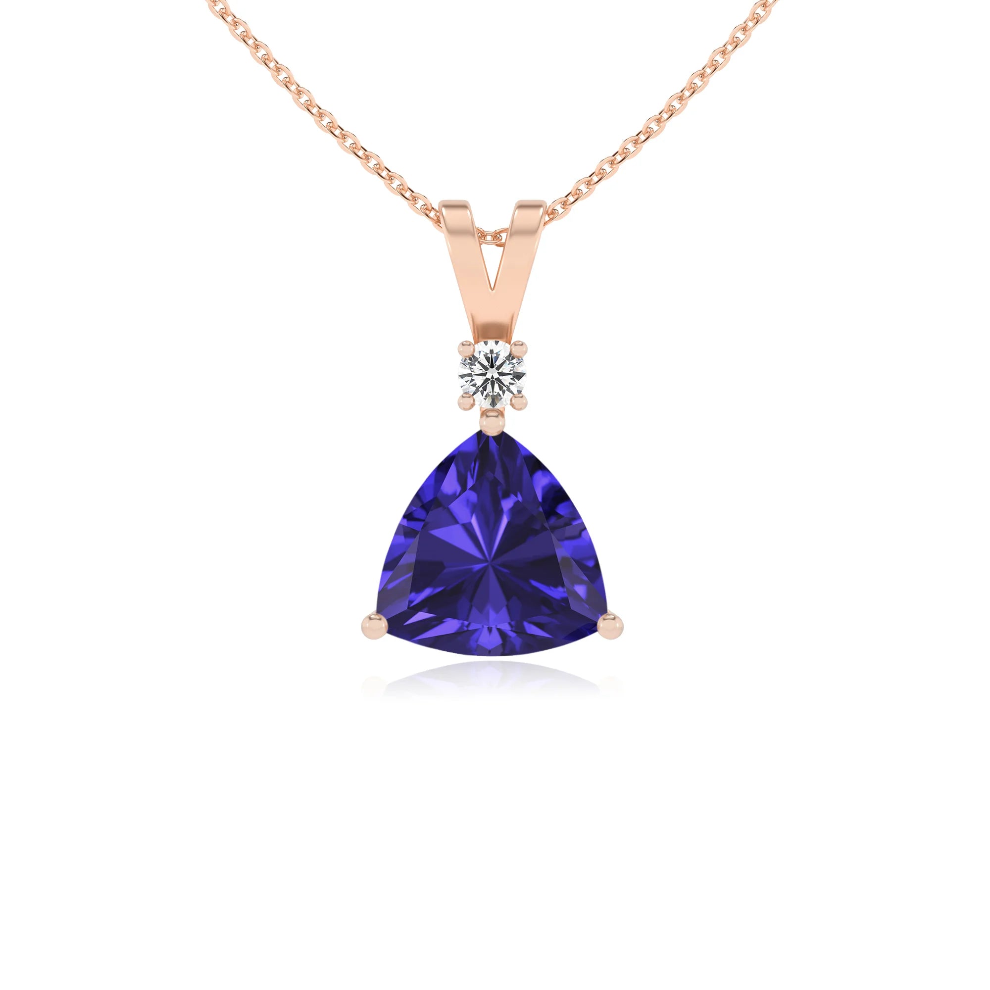 lab grown tanzanite trillion solitaire v-bale necklaces in rose gold 