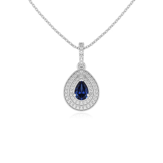 lab grown blue-sapphire pear halo necklaces in platinum 