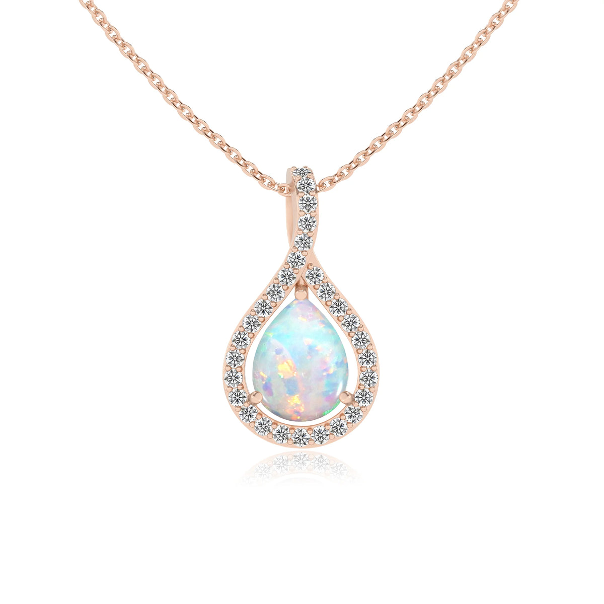 lab grown opal pear solitaire necklaces in rose gold 