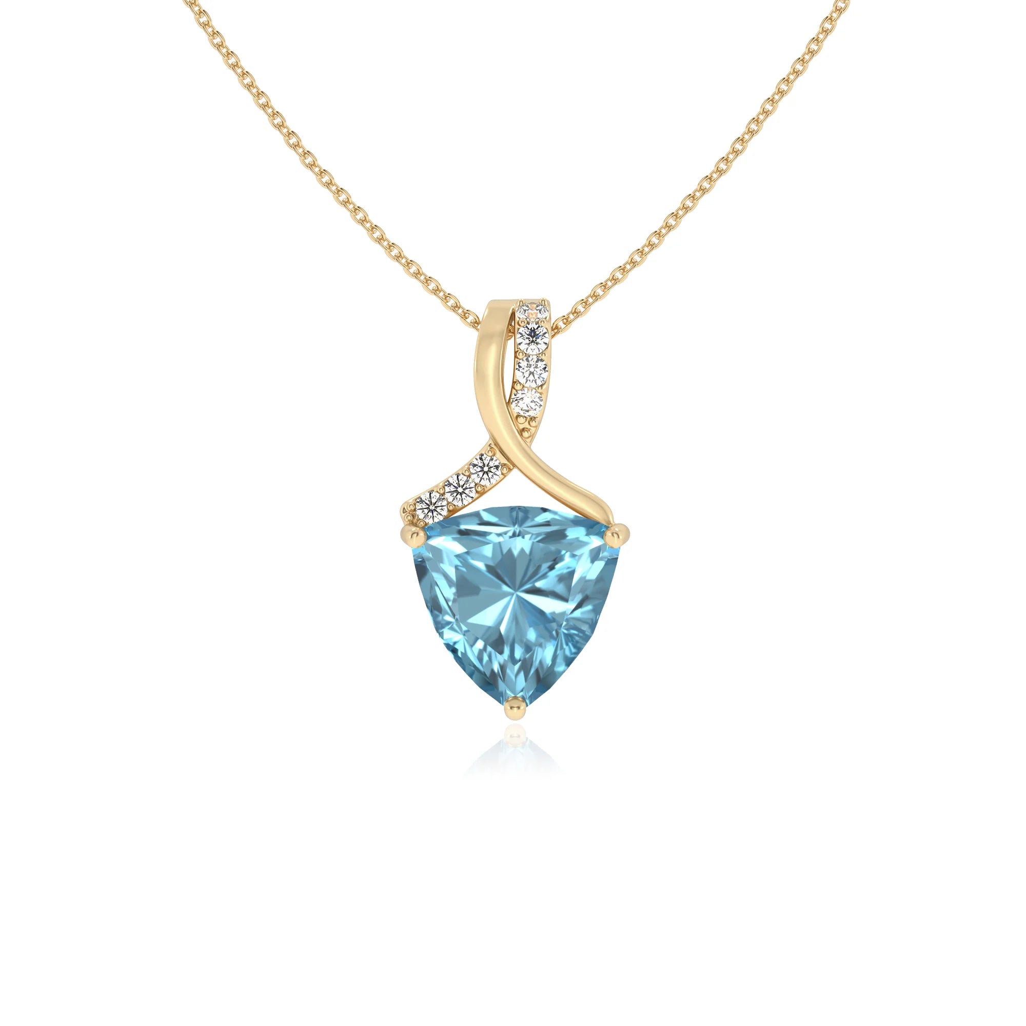 lab grown aquamarine trillion solitaire necklaces in yellow gold 