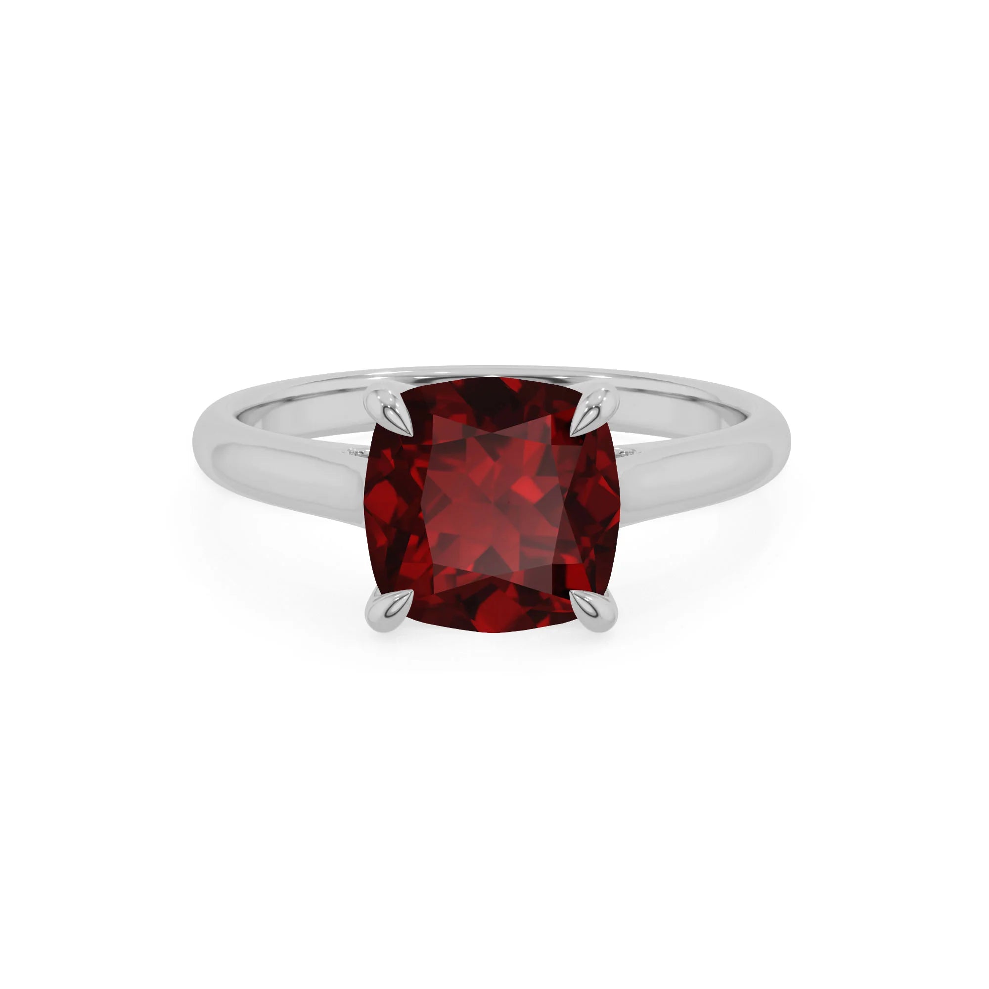 natural garnet cushion solitaire rings in platinum 