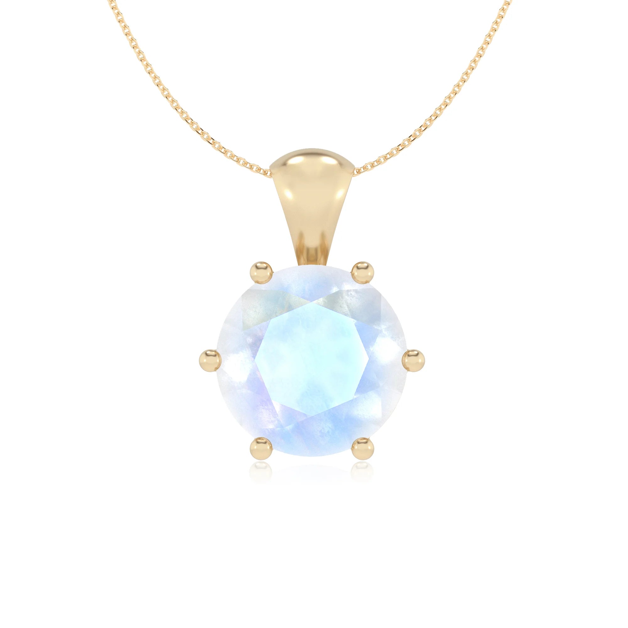 natural rainbow-moonstone round solitaire necklaces in yellow gold 