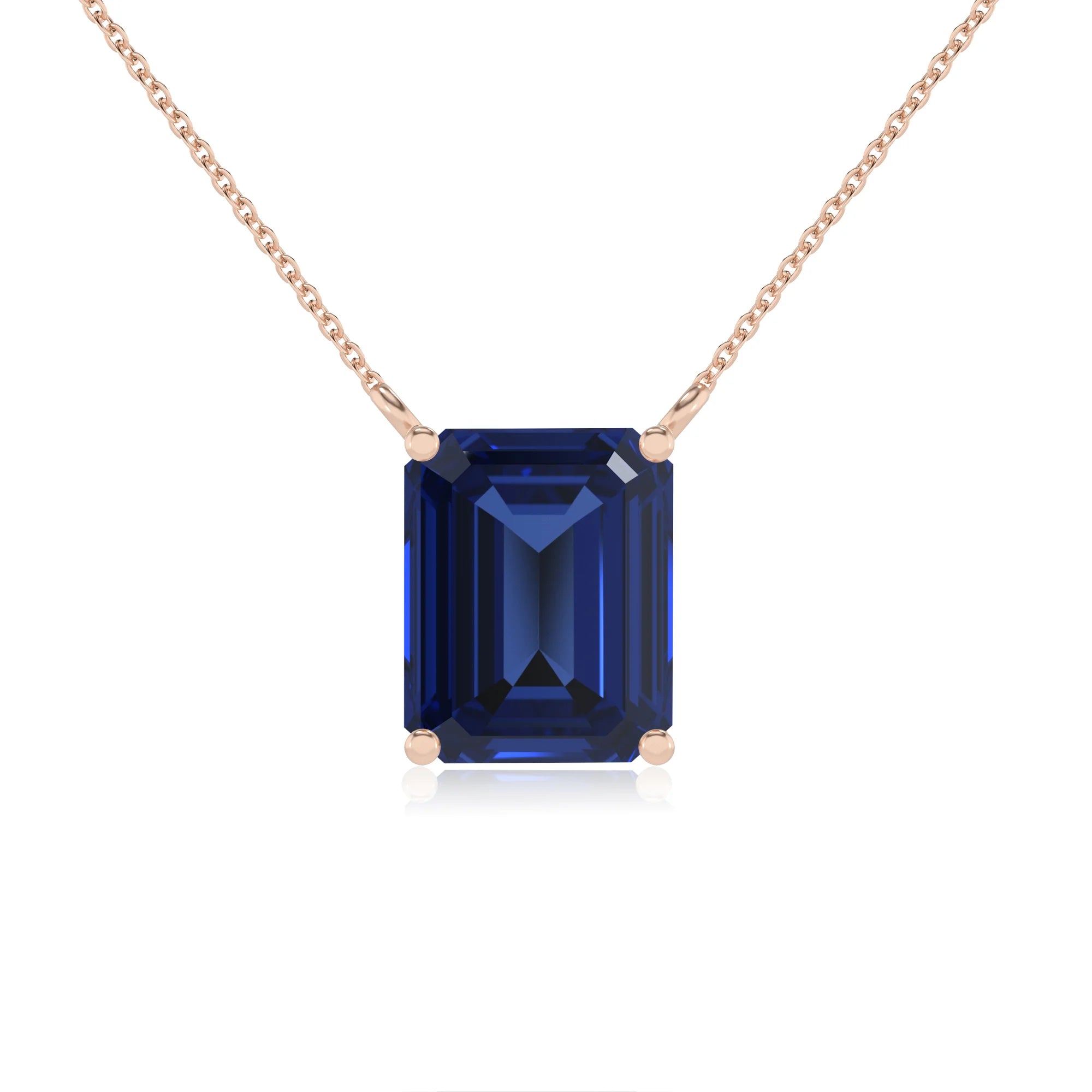 lab grown blue-sapphire emerald cut solitaire necklaces in rose gold 