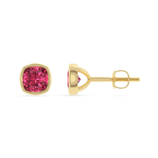 lab grown pink tourmaline cushion stud earrings in yellow gold 