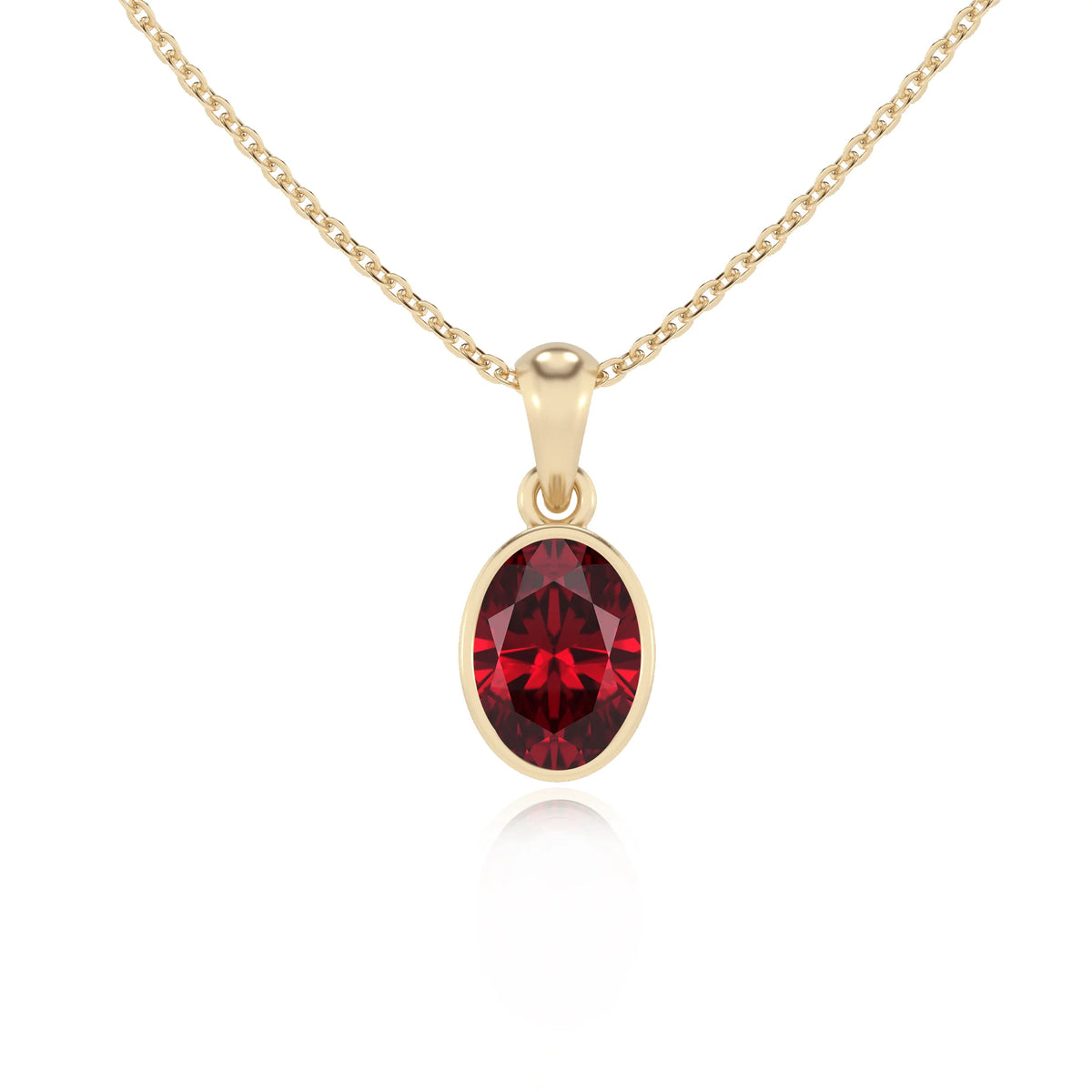 lab grown ruby oval solitaire necklaces in yellow gold 