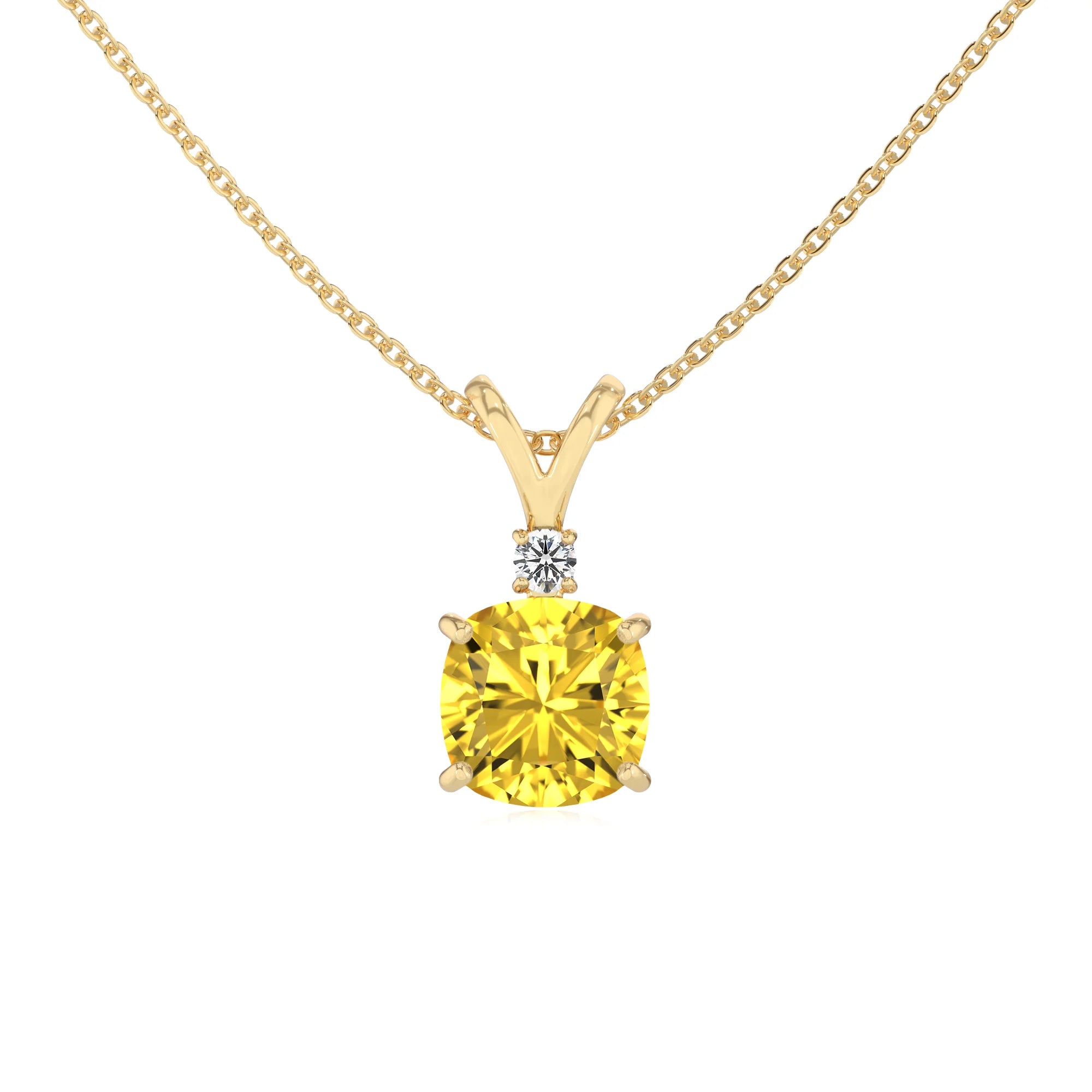 lab grown yellow-sapphire cushion solitaire v-bale necklaces in yellow gold 