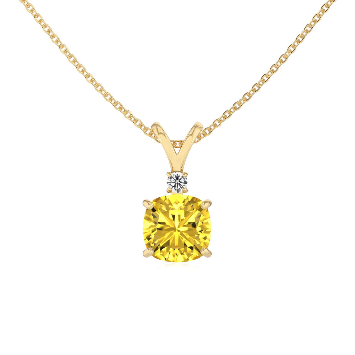 lab grown yellow-sapphire cushion solitaire v-bale necklaces in yellow gold 