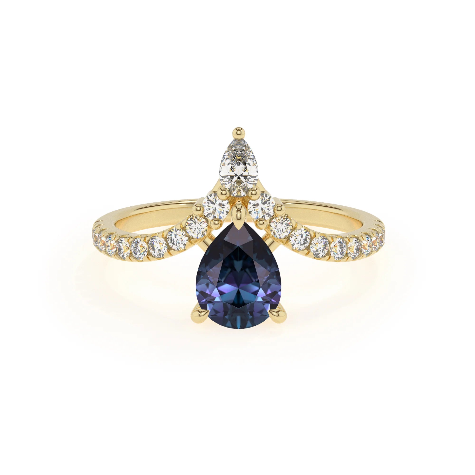 lab grown alexandrite pear solitaire rings in yellow gold 