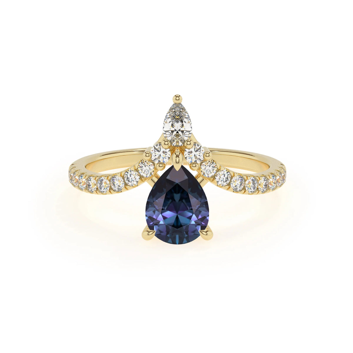 lab grown alexandrite pear solitaire rings in yellow gold 