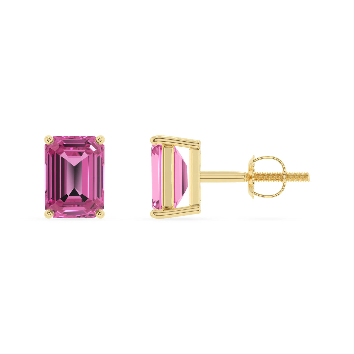 lab grown pink sapphire emerald cut stud earrings in yellow gold 