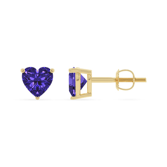 lab grown tanzanite heart stud earrings in yellow gold 