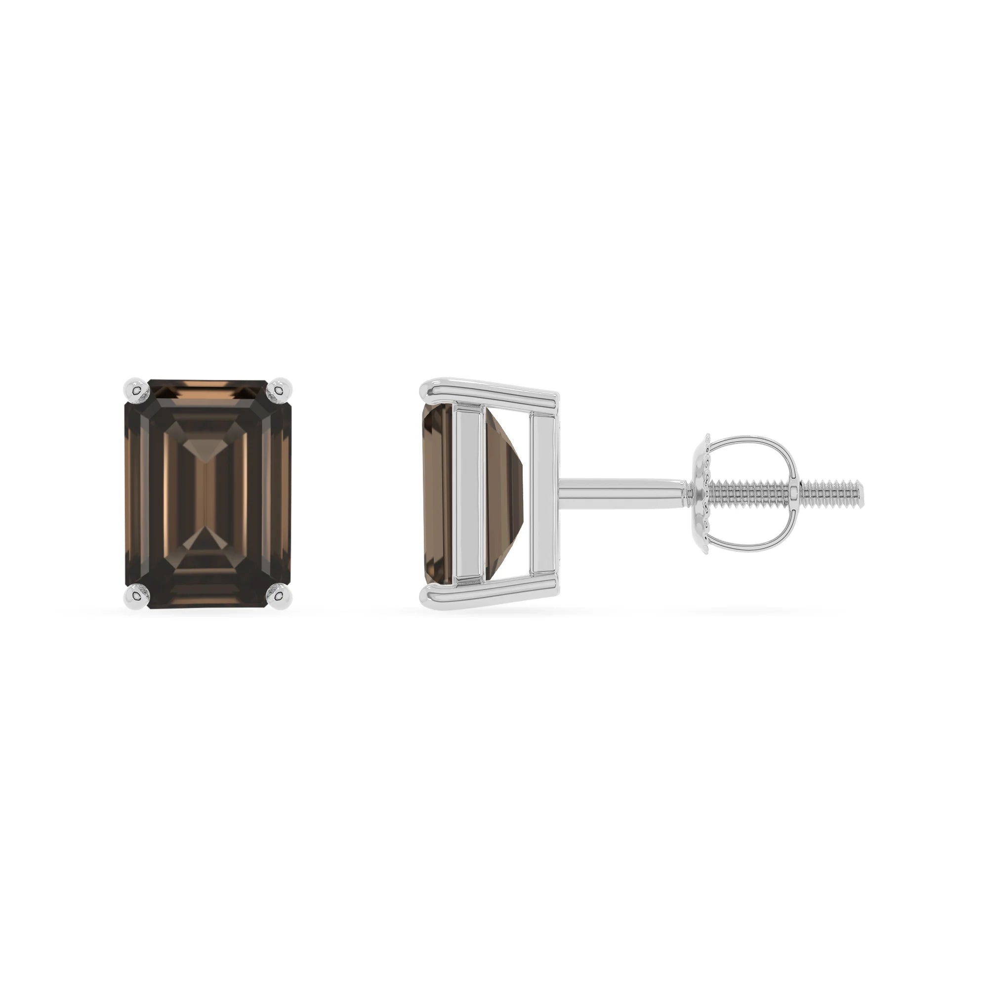 natural smoky quartz emerald cut stud earrings in sterling silver 