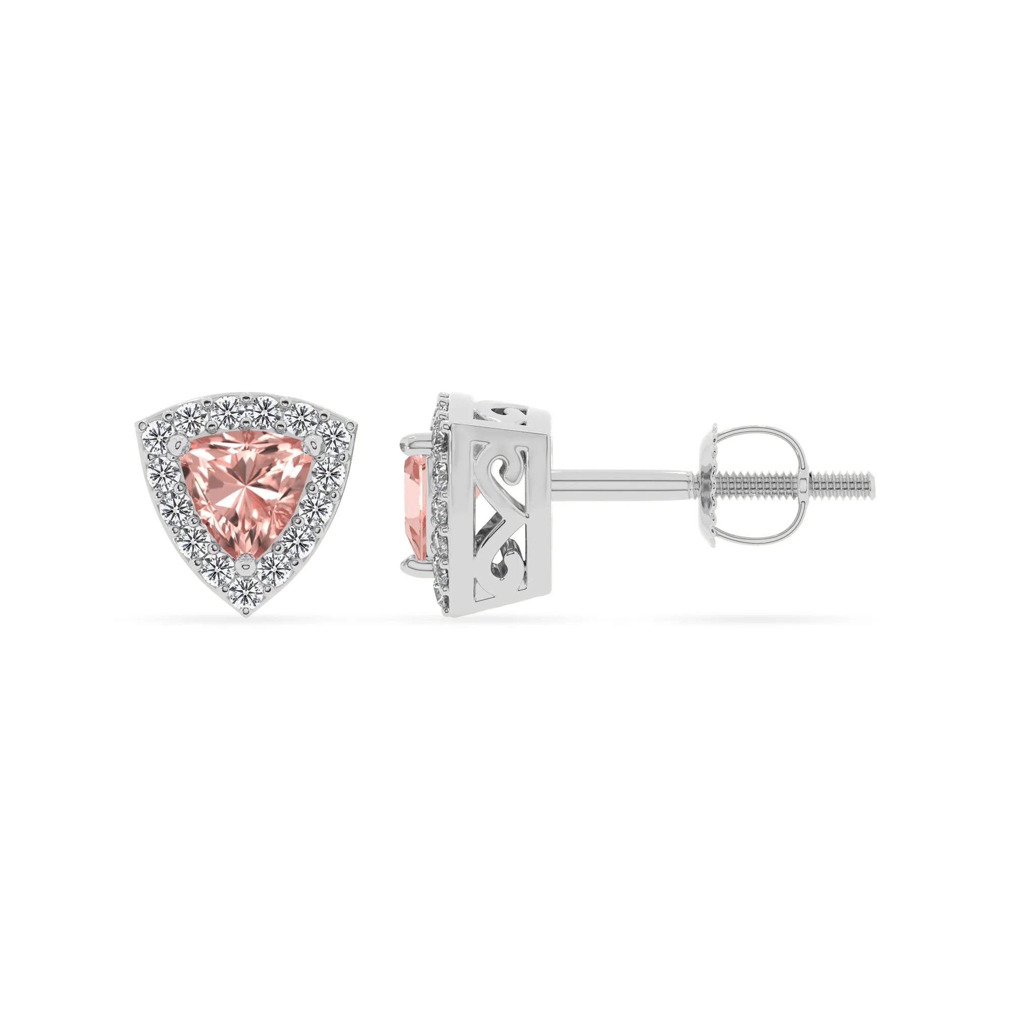 lab grown morganite trillion stud earrings in white gold 
