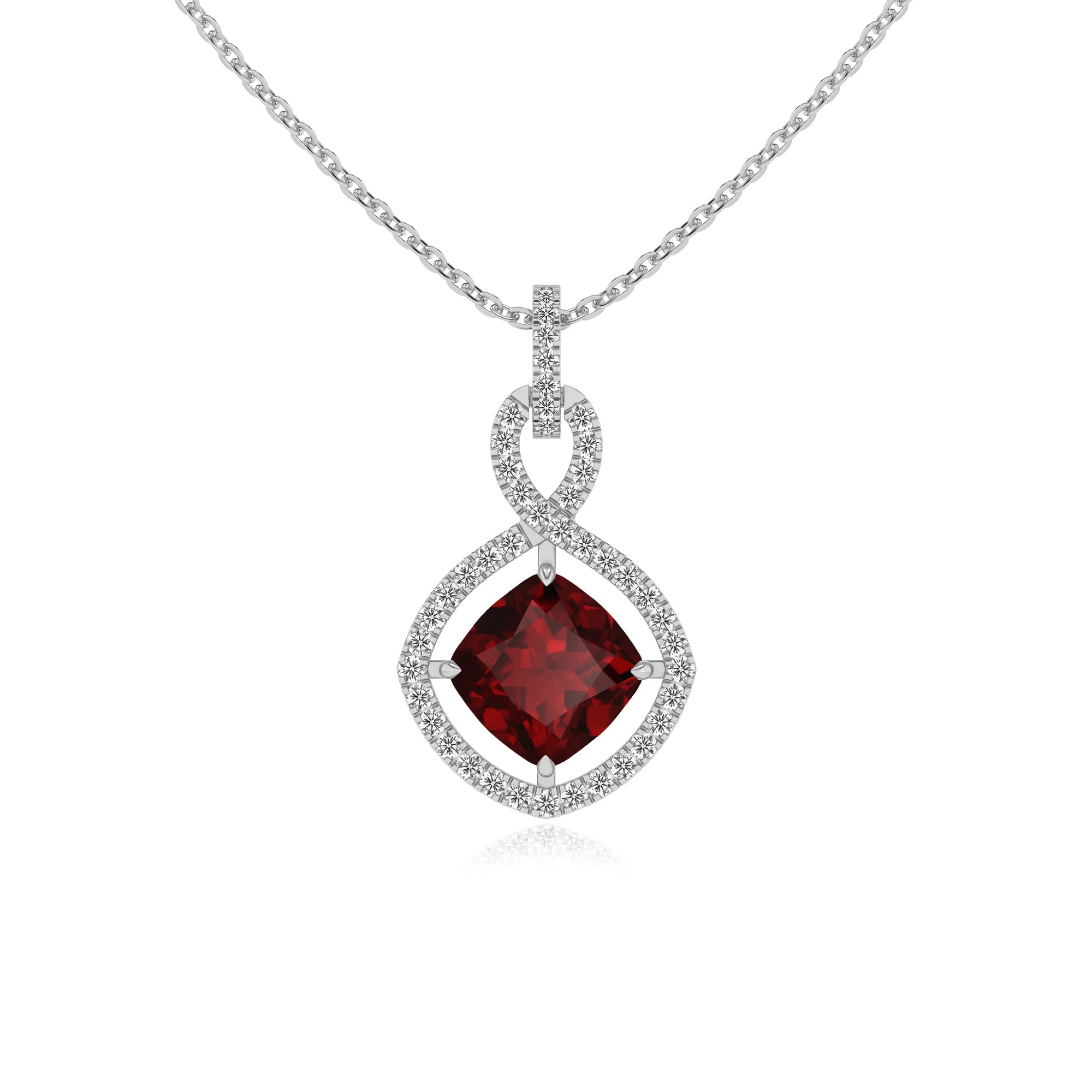 natural garnet cushion infinity necklaces in white gold 