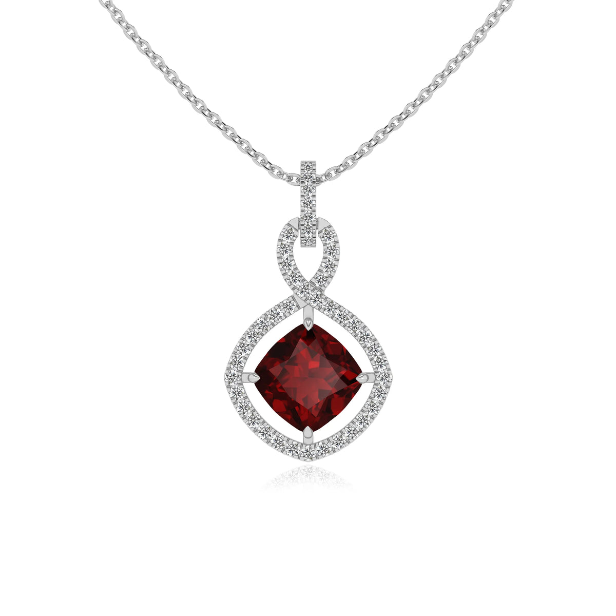 natural garnet cushion infinity necklaces in white gold 