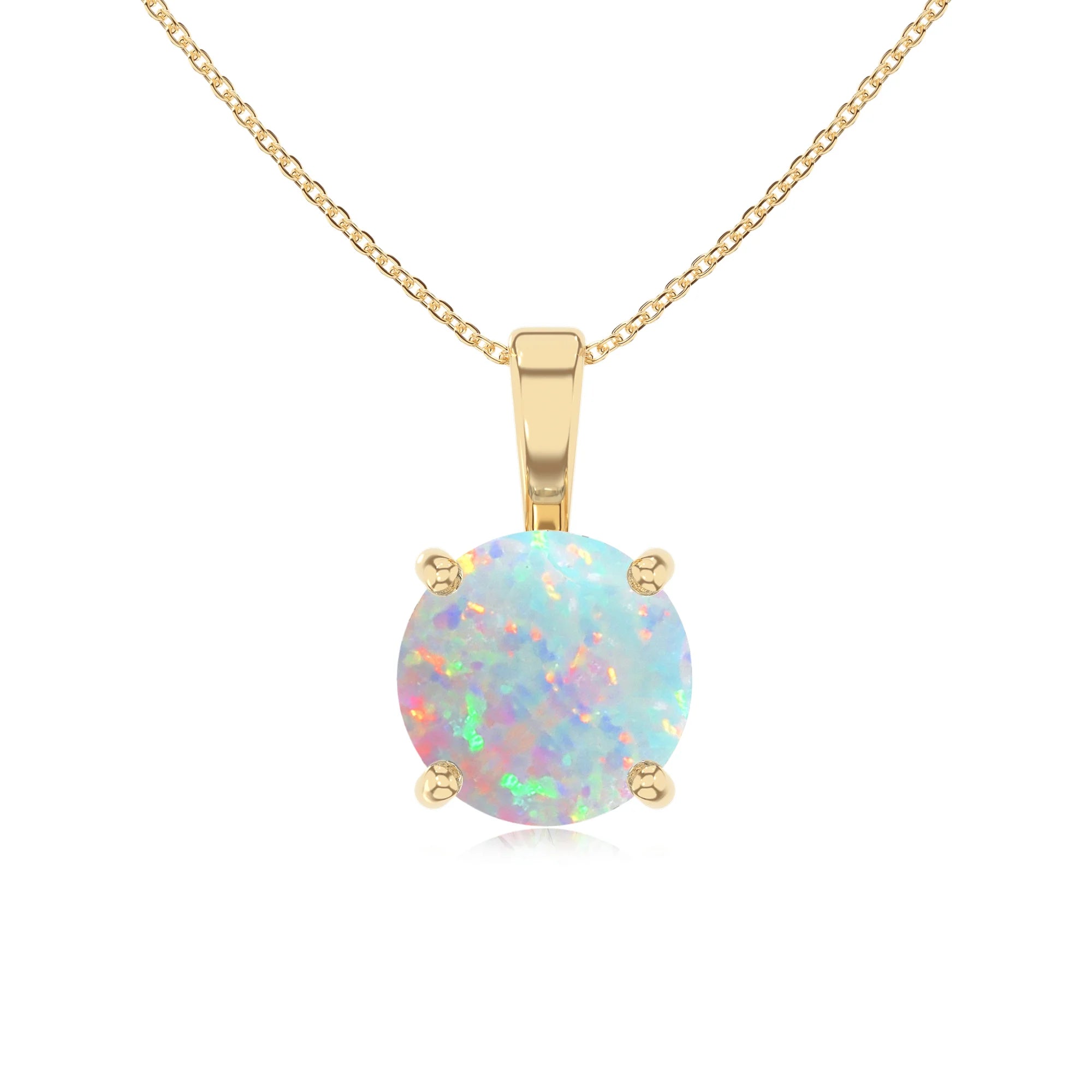 lab grown opal round solitaire necklaces in yellow gold 