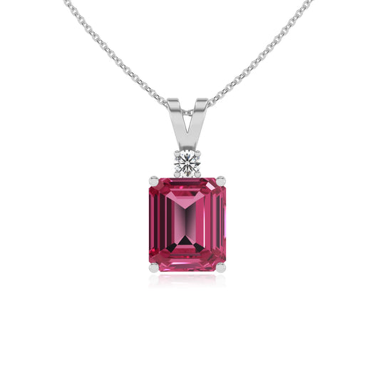 lab grown pink-tourmaline emerald cut solitaire v-bale necklaces in white gold 