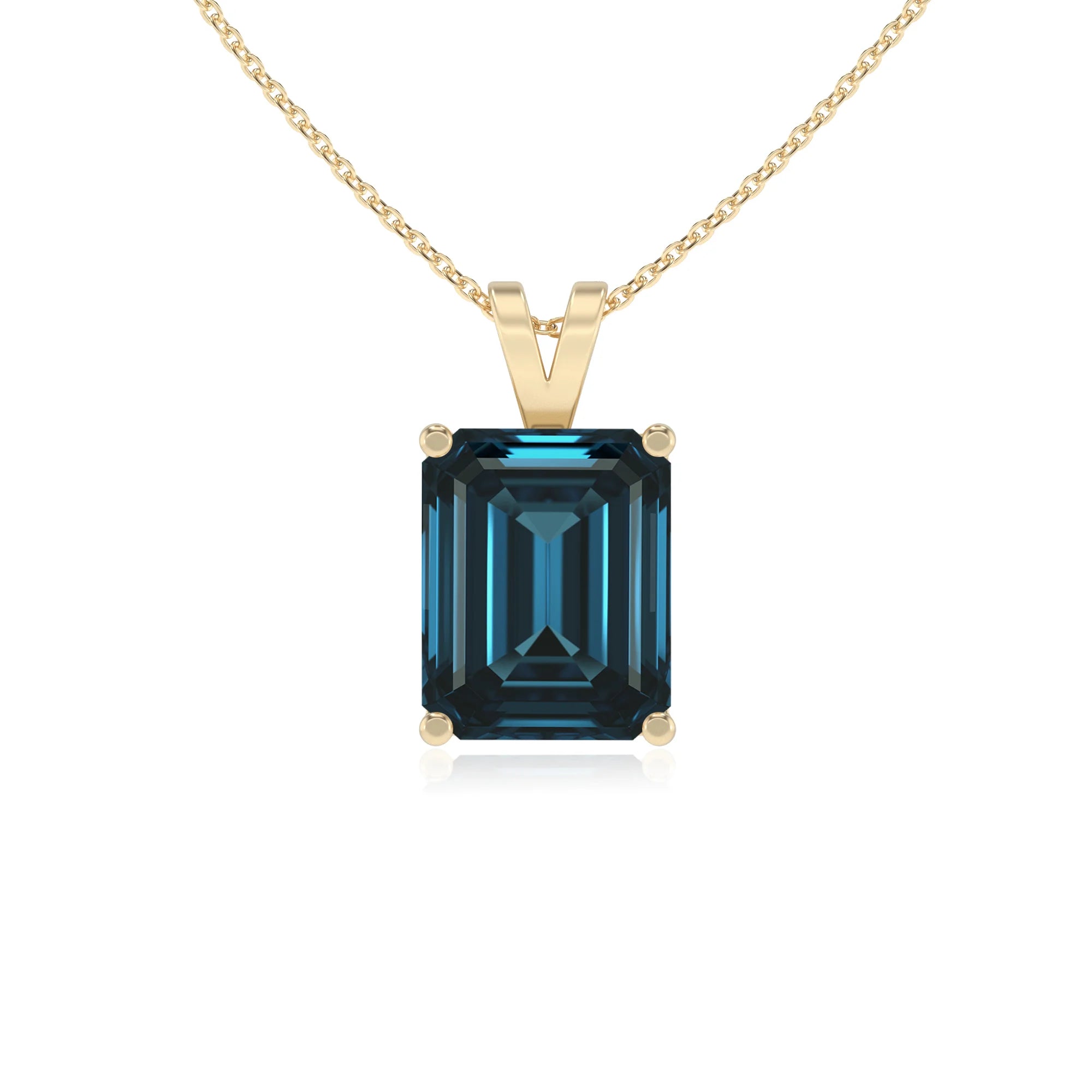 natural london-blue-topaz emerald cut solitaire v-bale necklaces in yellow gold 