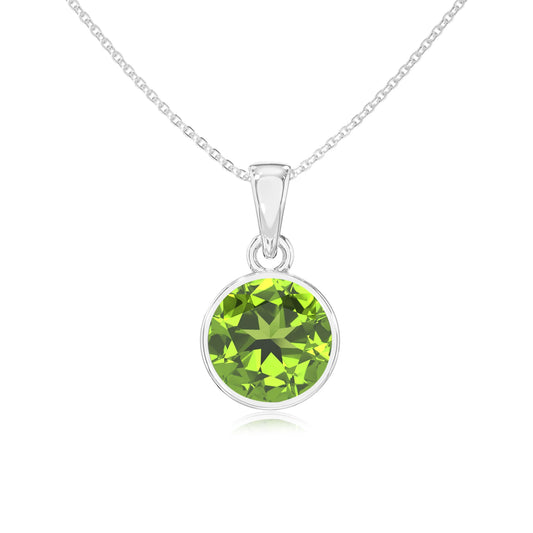 natural peridot round solitaire necklaces in white gold 
