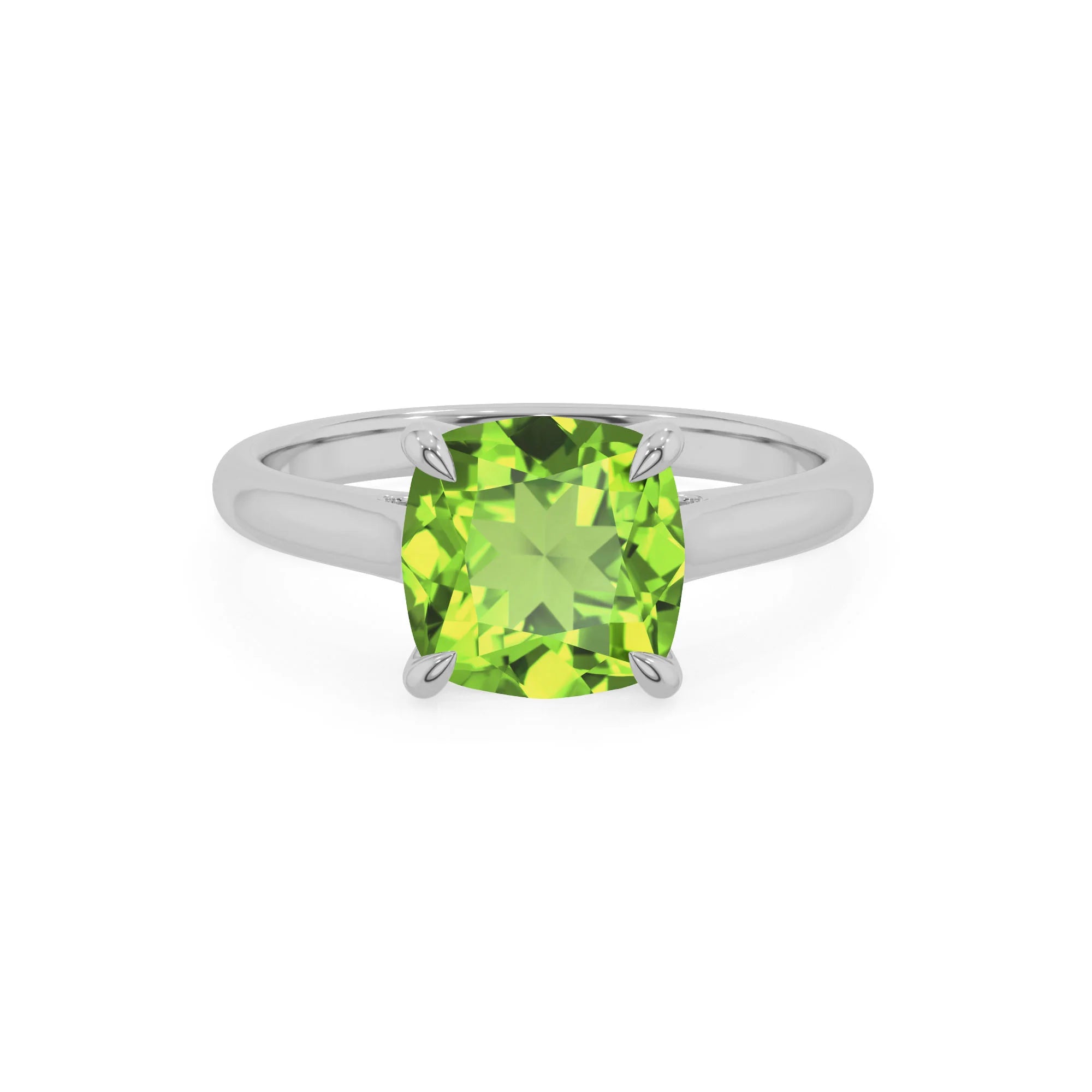 natural peridot cushion solitaire rings in white gold 