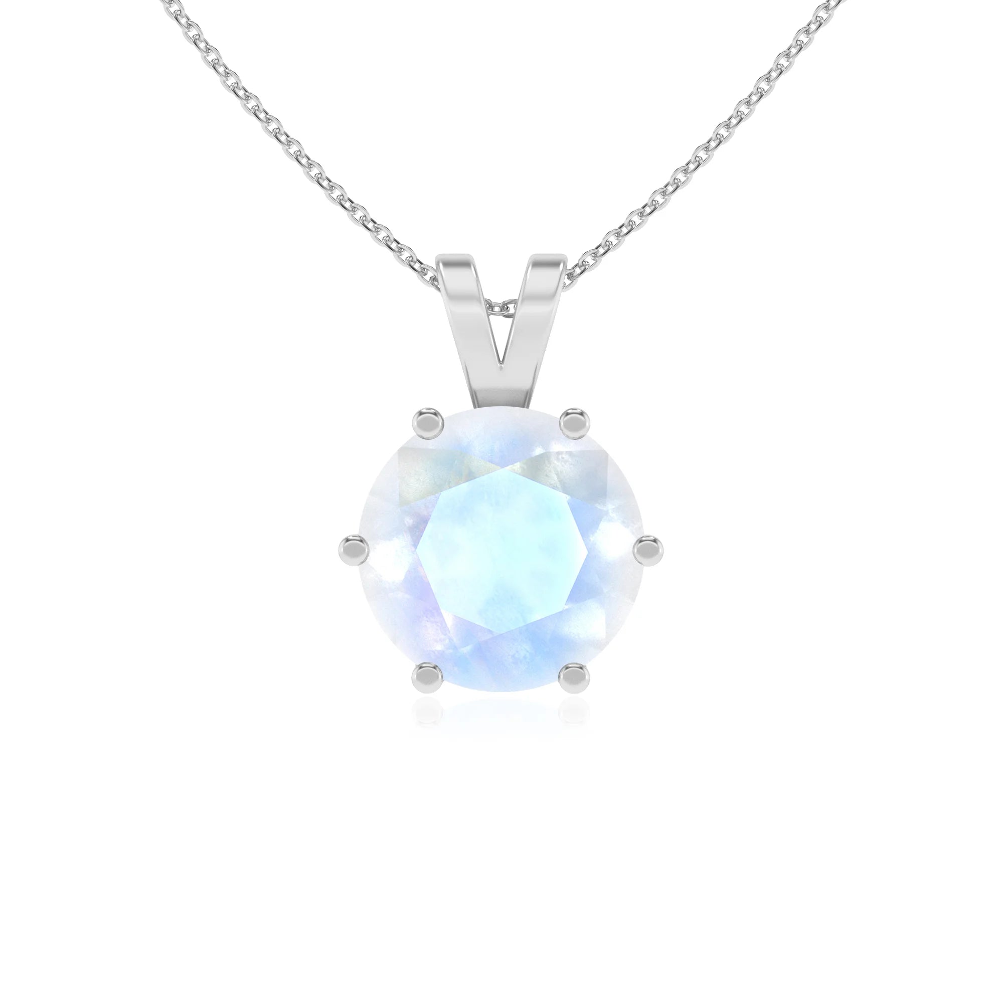 natural rainbow-moonstone round solitaire v-bale necklaces in white gold 