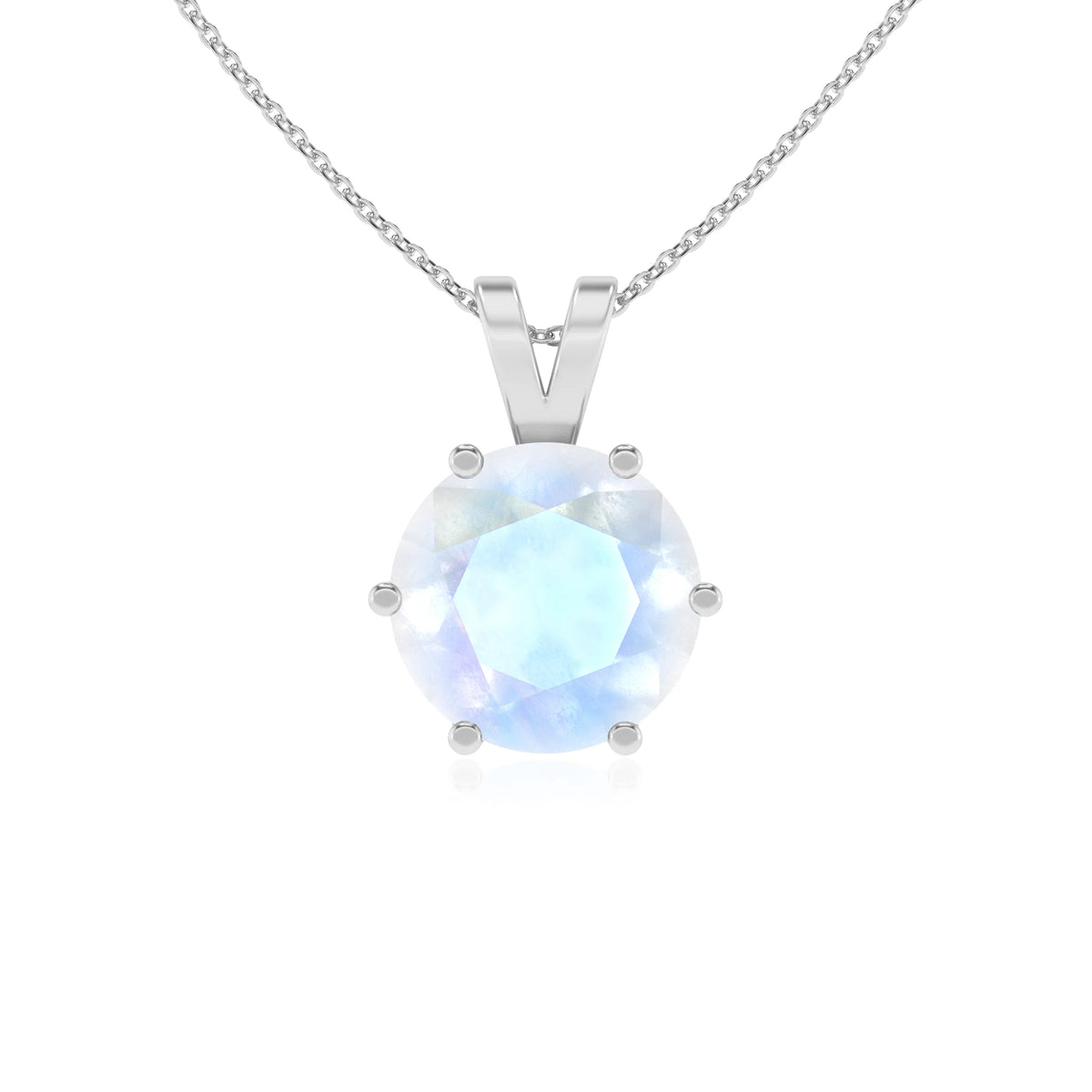 natural rainbow-moonstone round solitaire v-bale necklaces in white gold 