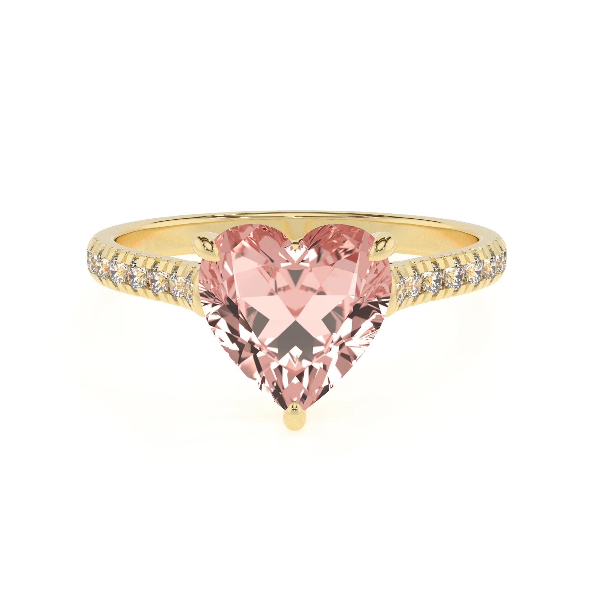 lab grown morganite heart half eternity solitaire engagement rings in yellow gold 