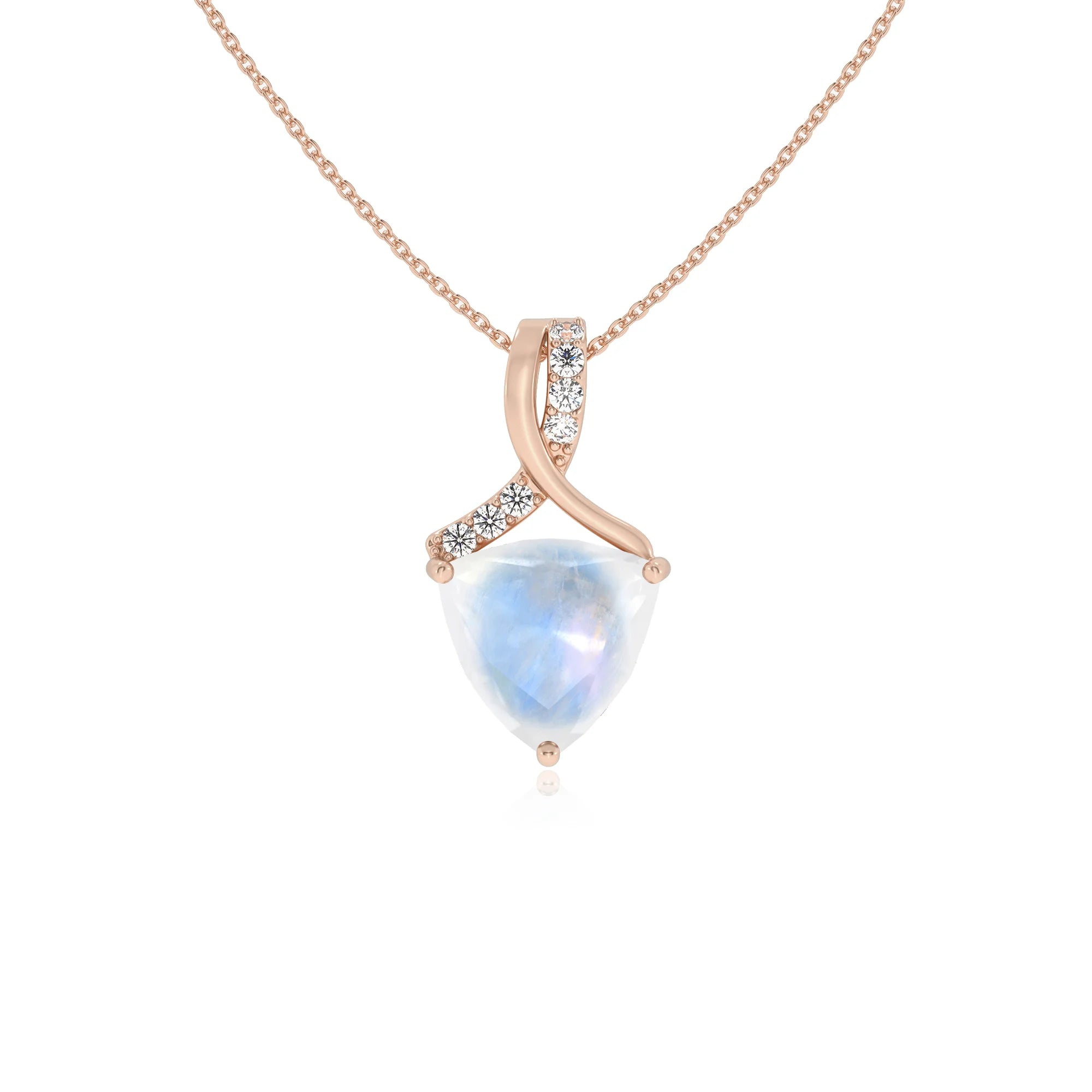 natural rainbow-moonstone trillion solitaire necklaces in rose gold 