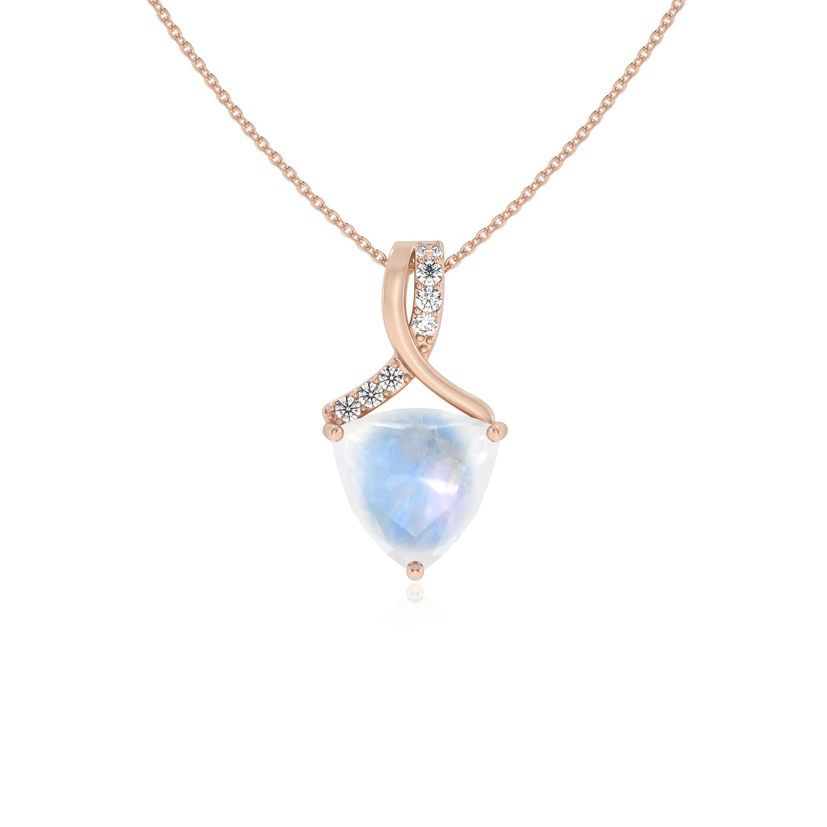 natural rainbow-moonstone trillion solitaire necklaces in rose gold 