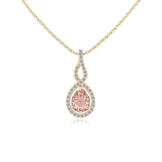lab grown morganite pear necklaces in yellow gold 