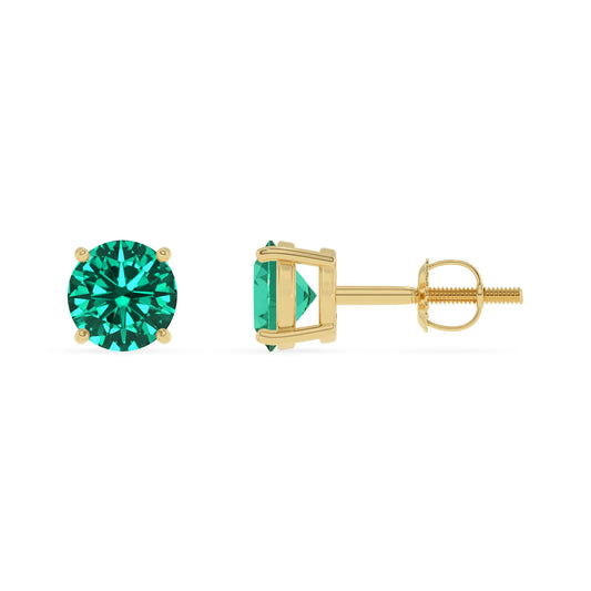 lab grown emerald round stud earrings in yellow gold 