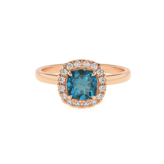 natural london-blue-topaz cushion solitaire rings in rose gold 